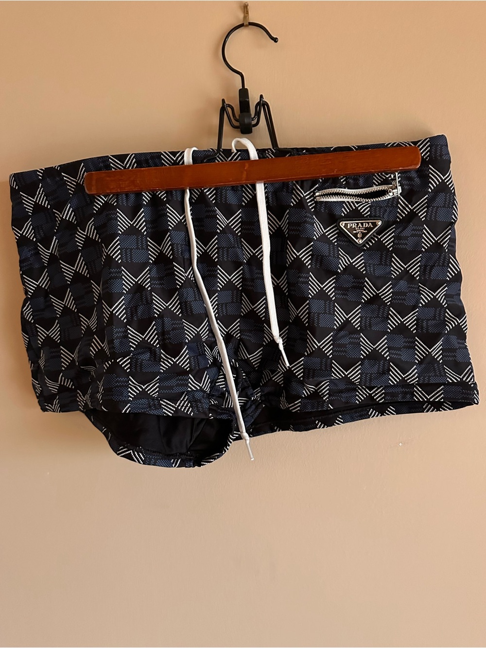 Prada Navy Blue and White Geometric Print Swimming  Shorts with white drawstring